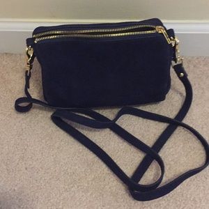 Versatile little navy blue suede bag. NWOT